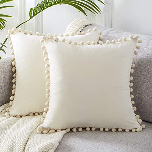 Top Finel Pack of 2 Cream White Euro Pillow Covers 26x26 Inch, Decorative Throw Pillow Covers for Couch Sofa Bed Soft Velvet Cushion Cases with Pom-poms Square Euro Sham Covers 65x65 cm