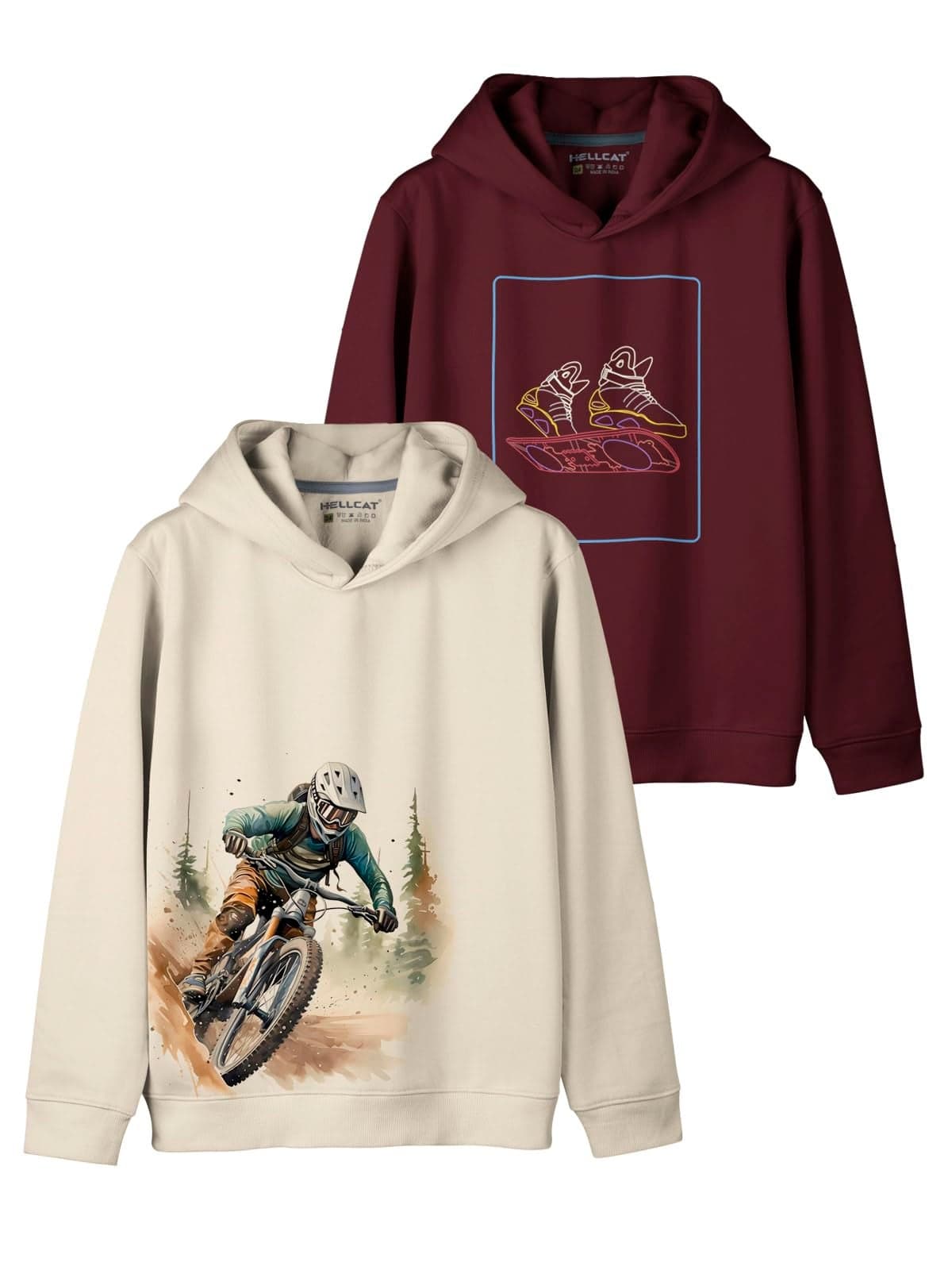 HELLCAT Trendy Printed Cotton Blend Hoodie Sweatshirt for Boys - Pack of 2_Beige/Burgundy_3-4 Years