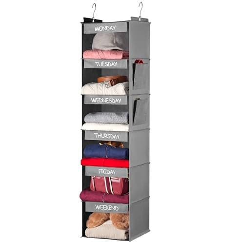 Weekly Clothes Organizer for Kids - 6-Shelf - Hanging Closet Daily Clothing Organization Labeled Shelves with Days of The Week Monday Through Friday, Weekday and Weekend (Grey)