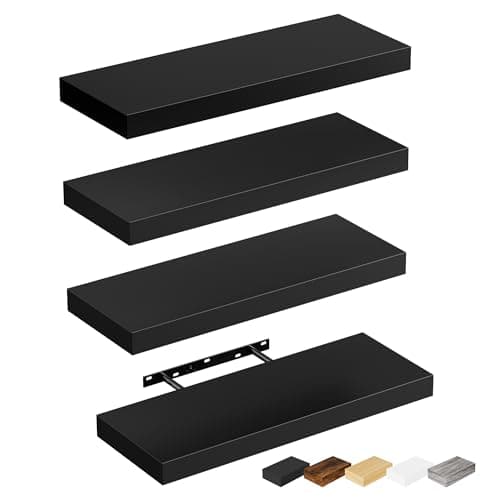Bellsal Floating Shelves for Wall, Black Engineered Wood Wall Shelf Set of 4, 16" Walls Mounted Floating Shelf for Kitchen, Living Room, Bedroom, Bathroom Storage, Book Shelf for Home Decor