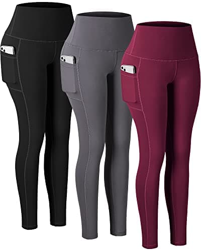 CHRLEISURE Leggings with Pockets for Women, High Waisted Tummy Control Workout Yoga Pants(3Packs Black,Gray,Wine, L)