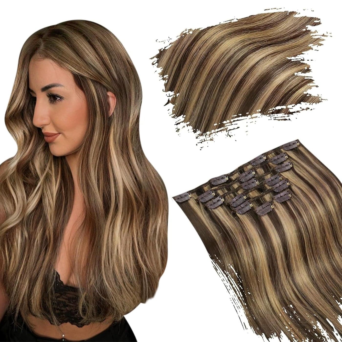 Ugeat Clip in Hair Extensions Real Human Hair Caramel Blonde Highlight Chocolate Brown Remy Hair Extensions Clip in Human Hair Full Head Straight 16 inch 7pcs 120g(105g Hair+15g Clips)