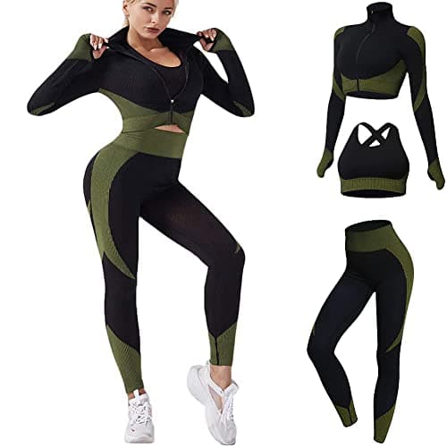 Veriliss 3pcs Seamless Workout Outfit Sets for Women, Gym Clothes Yoga Sportswear Leggings and Stretch Sports Bra Gym jumpsuits Clothes Set (BlackGreen, S)