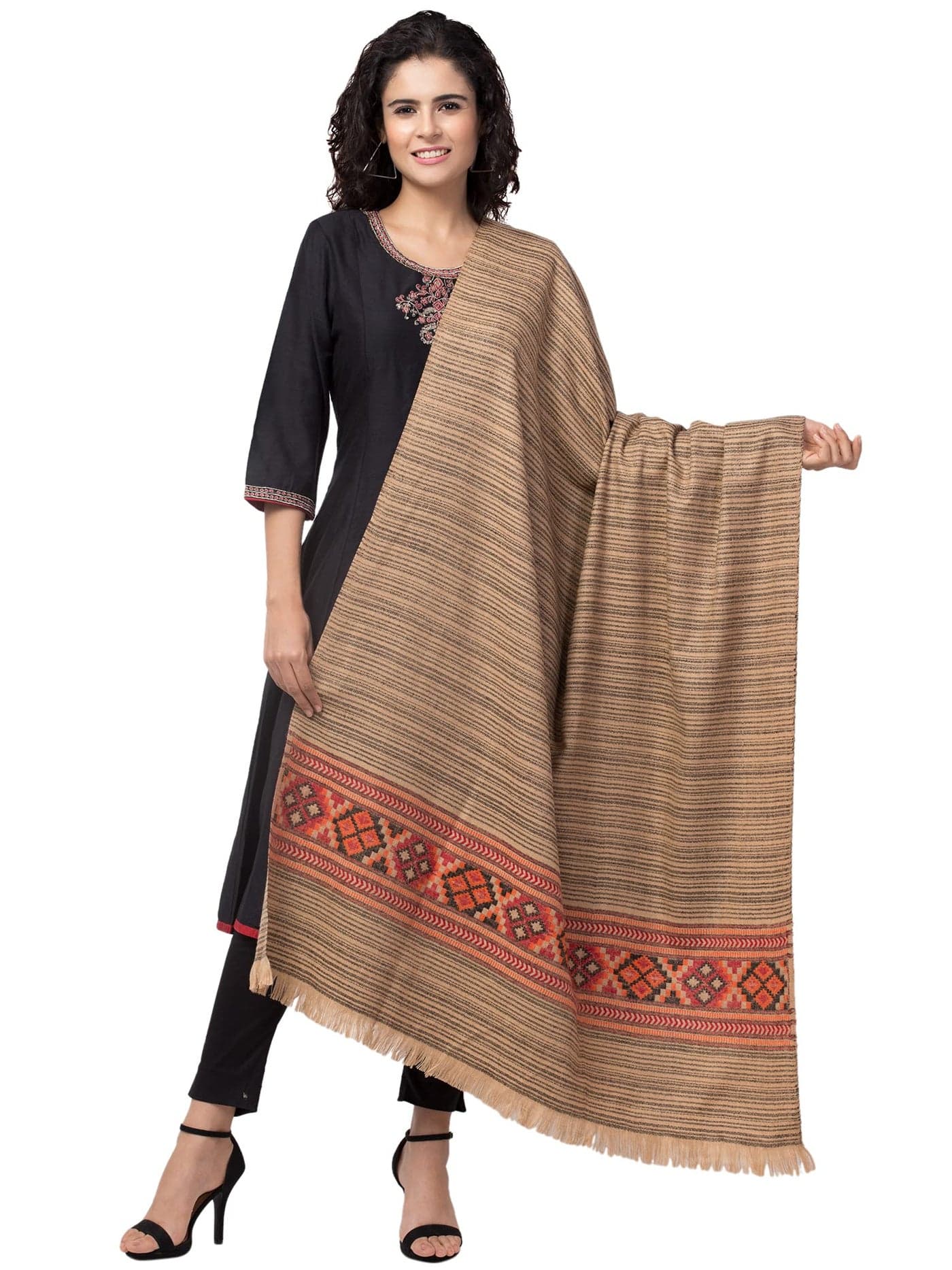 tweedle Woolen Beige Kullu Design Shawl/Stole for Women, Warm and Soft Winter Wrap for Ladies/Girls (Size – 40 x 80 inch)