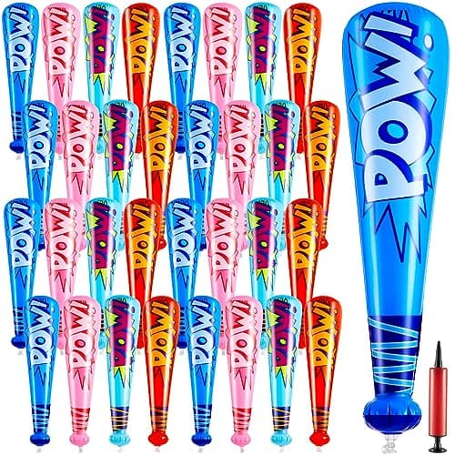 Seematn 32 Pcs Mardi Gras Throws Bulk Pow Inflatable Baseball Bats 17 Inch Inflatable Blow up Bats for Kids Carnival Game Prizes Bulk Carnival Hero Sports Prizes Favors BlueDark BluePinkRed