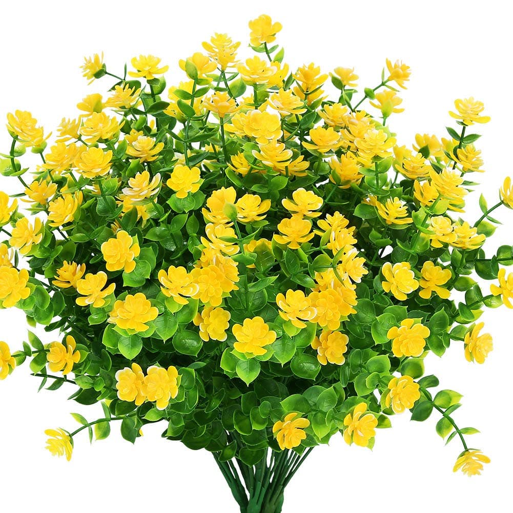 KLEMOO 8 Bundles Outdoor Artificial Fake Flowers UV Resistant No Fade Boxwood Faux Plastic Plants for Garden Patio Porch Window Box Home Wedding Farmhouse Dcor Yellow