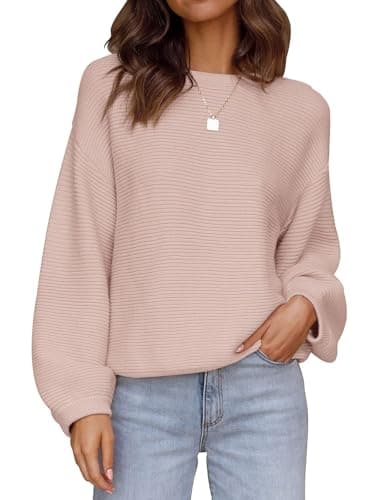ZESICA Women's Crew Neck Long Lantern Sleeve Fall 2025 Casual Loose Ribbed Knit Solid Soft Pullover Sweater Tops,Dustypink,Small