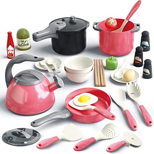 Bruvoalon 32Pcs Kids Play Kitchen Toys Set Toddlers Pretend Cooking Playset Acccessories with Pots Pans Utensils Cookware Foods Canned Veges Learning Gift for Kids Girls Boys Red