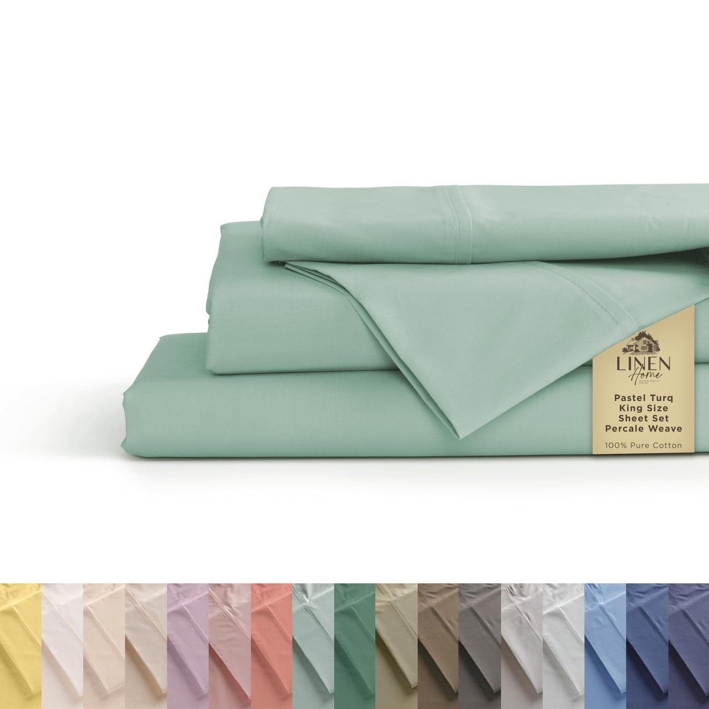 Linen Home 100 Cotton Percale Sheets King Size Pastel Turk Deep Pocket 4 Pieces Set 1 Flat 1 Deep Pocket Fitted Sheet and 2 Pillowcases Crisp Cool and Strong Bed Linen