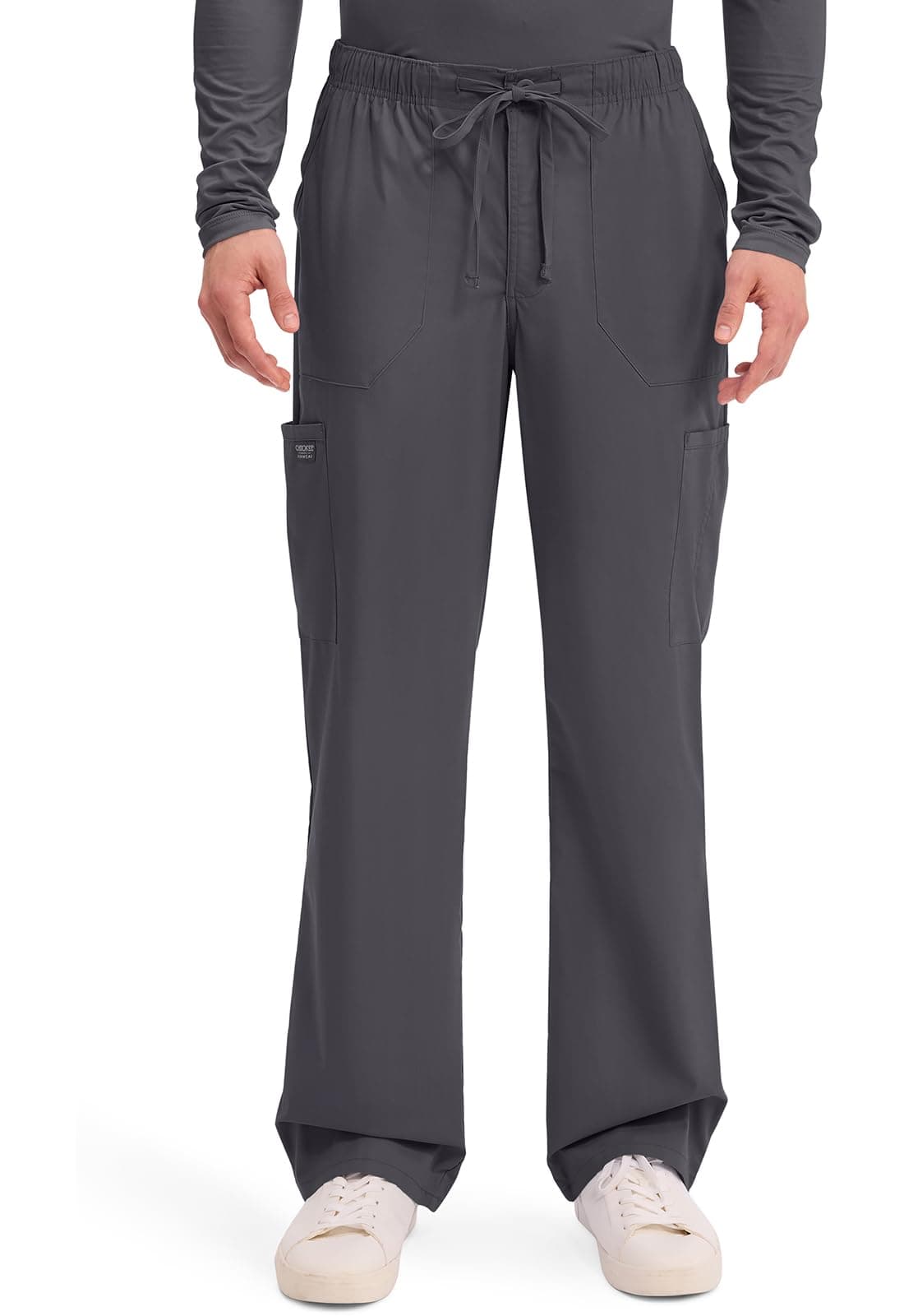 Cherokee Scrubs for Men Tapered Leg Cargo Scrub Pants with Zip Fly, 5 Pockets Elastic Waist 2-Way Stretch & Easy Care - WW190, S, Pewter