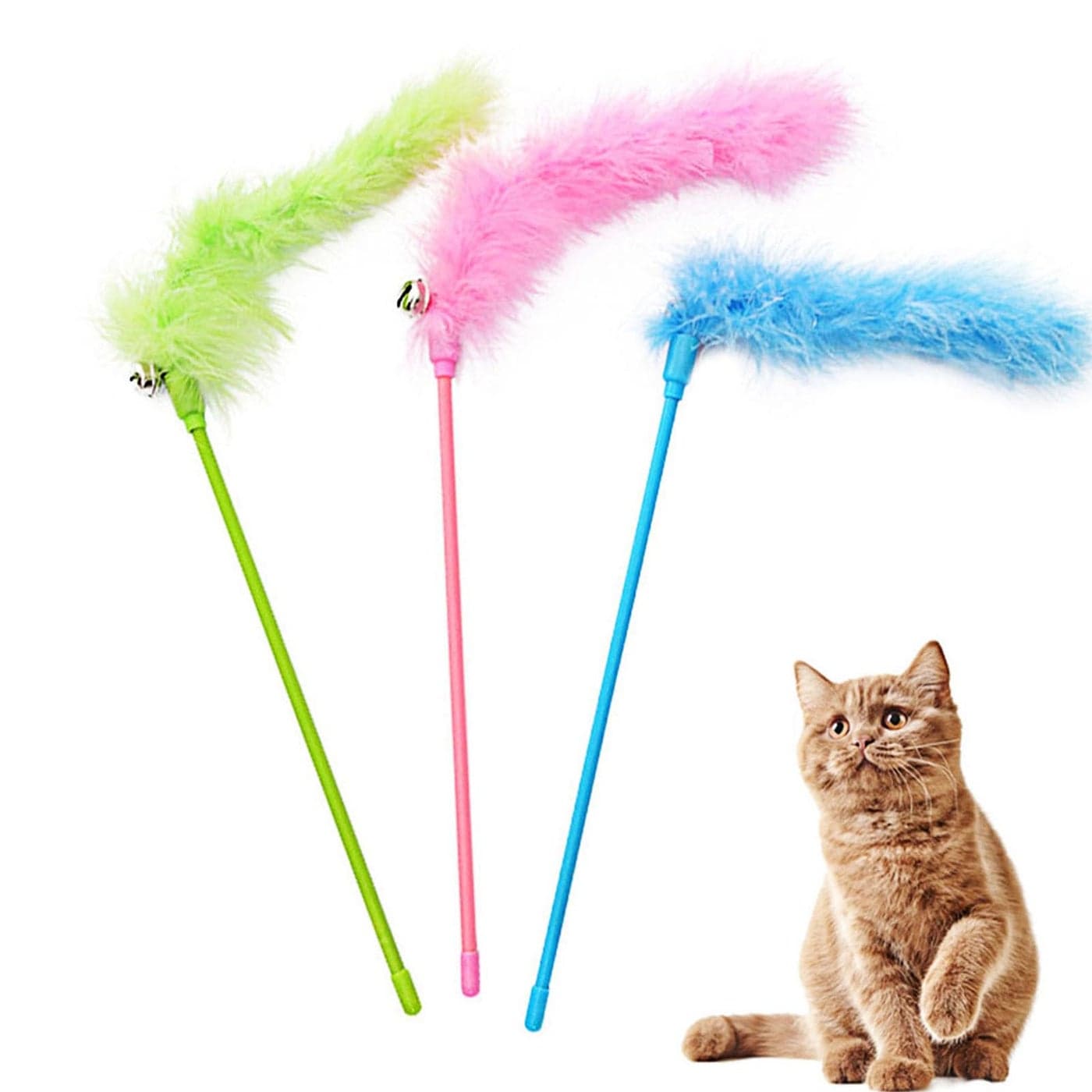 IUHKBH Cat Wand Toys, 3 PCS Interactive Cat Feather Toys Colorful Cat Teaser Wand with Bell for Cats and Kitties