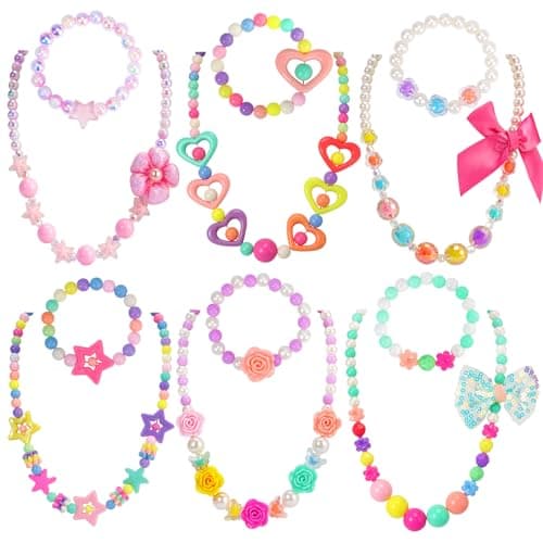 PinkSheep Kids Classic Jewelry 6 Sets of Beaded Necklaces and Bracelets for Girls Favors Bags for Girls Jewelry Classic