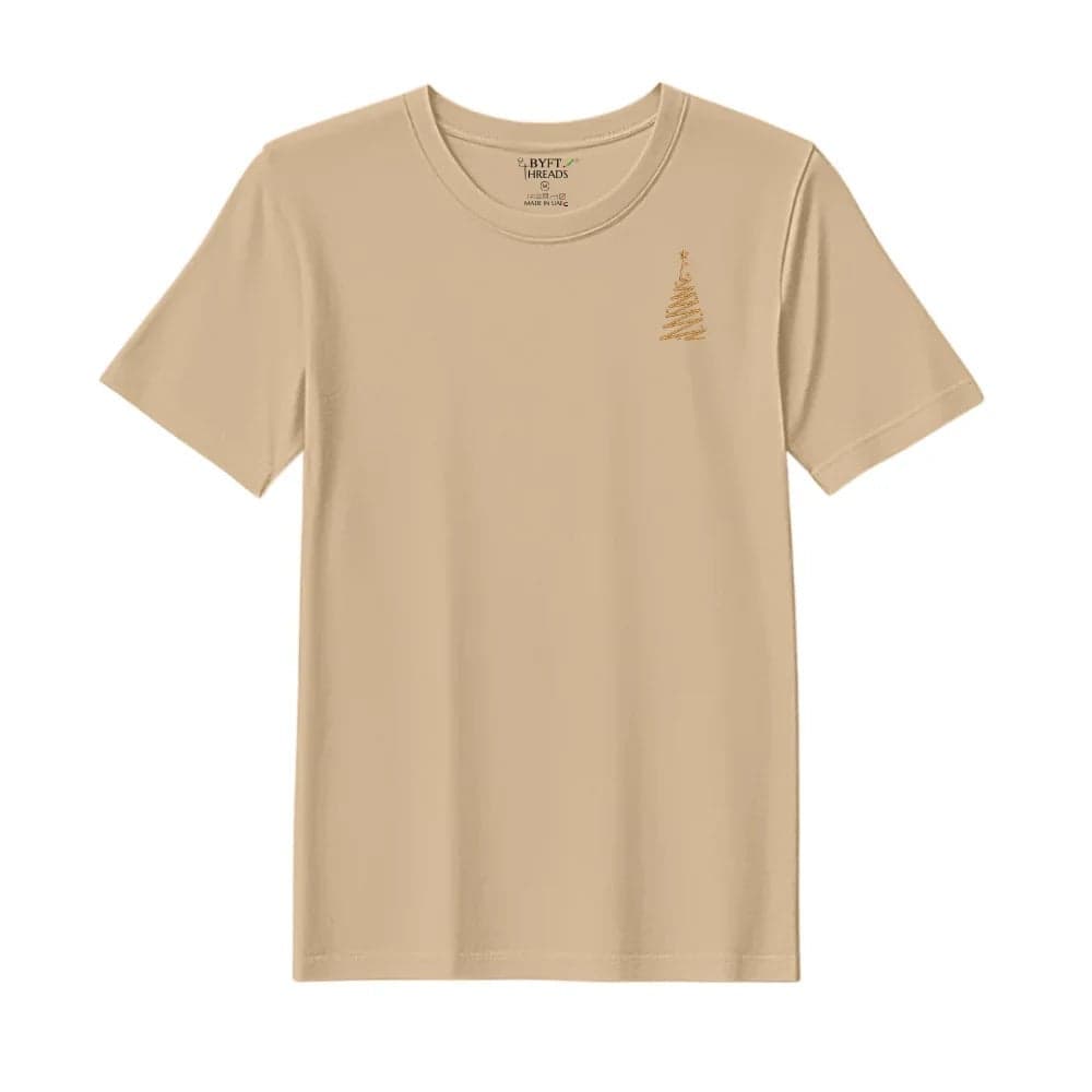Threads XL Beige Polycotton T-Shirt - Christmas "Zigzag Christmas Tree" Embroidered Design, Premium Holiday Collection