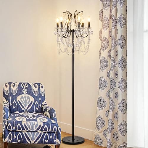 TOCHIC Modern Black Crystal Floor Lamp, 6-Light Vintage Farmhouse Standing Lamp with Foot Switch for Living Room, Bedroom, Office, Dining Room 65" Tall