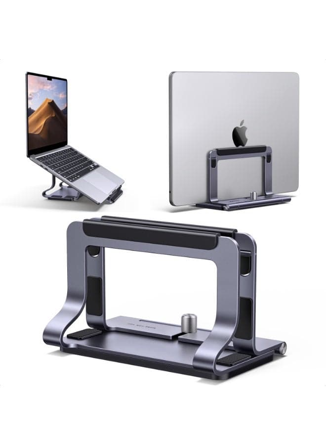 Vertical Laptop Stand 2-in-1 Portable Aluminum Holder Riser for Desk | Non-slip Foldable Adjustable Desktop Stand for Macbook Chromebook IdeaPad 13-16" Computer grey