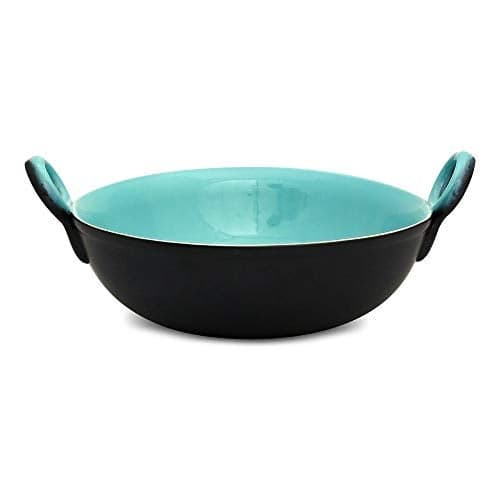 Caffeine Ceramic Handmade Black & Sea Green Serving Kadhai Saute Fry Pan (Large)