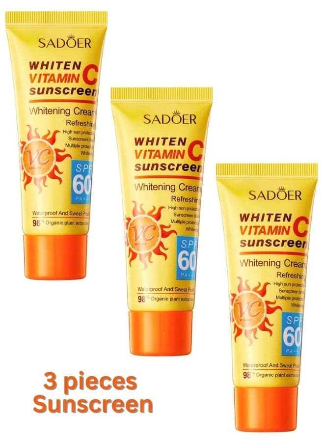 Pack of 3 Vitamin C Sunscreen SPF60 PA+++ Brightening Sun Protection for Face and Body with UVA and UVB Defense