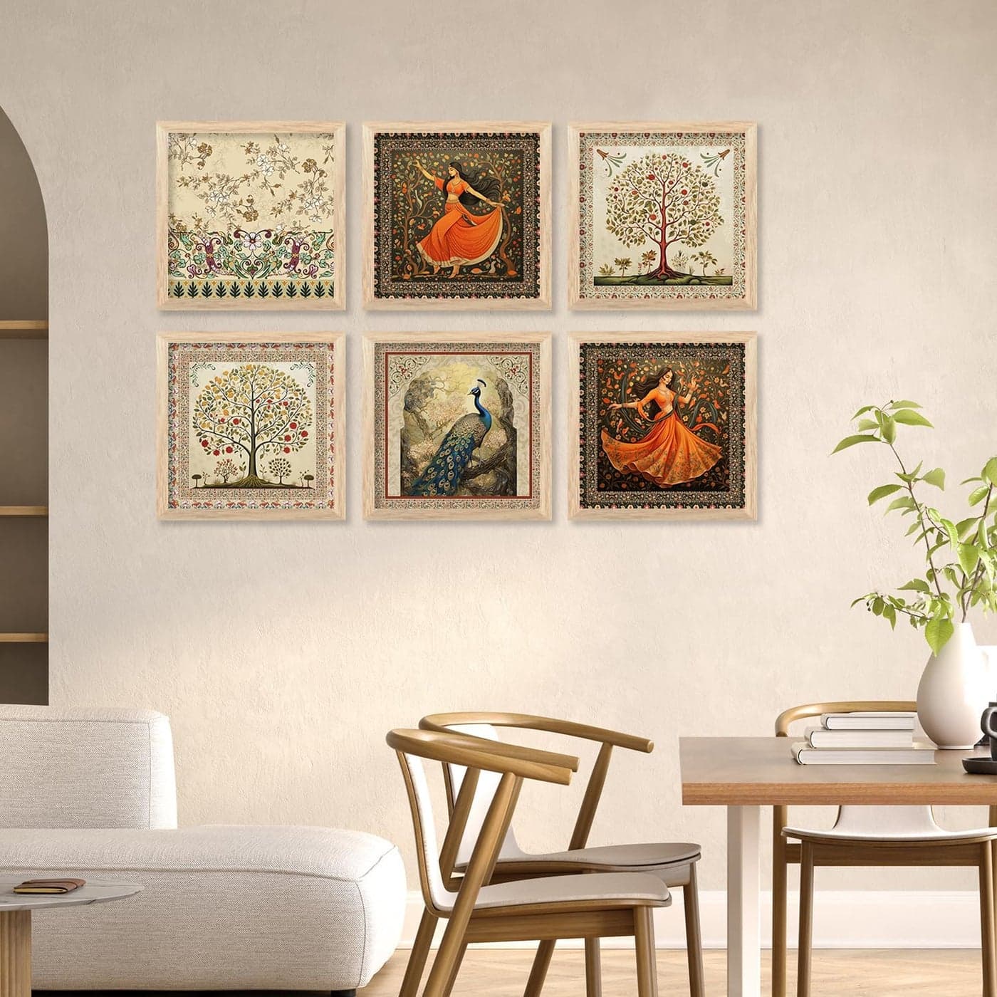 Kalit Kala Paintings for wall decoration with frame Tree Bird Flower Nature Indian Women Madhubani Art Paintings for living room bedroom Set of 6 10 X 10 Inches Indian Women Madhubani Art 5