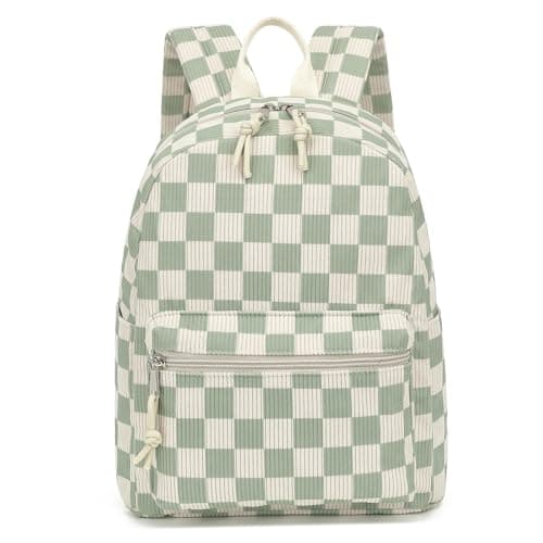 Dezcrab Corduroy Mini Backpack Purse Fashion Small Backpack Casual Daypack for Women Girls School Travel Checkered Green