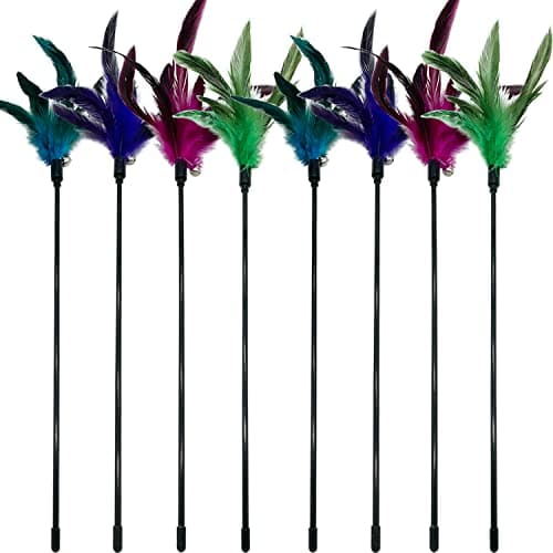 Cat Wand Toy Feather Stick Cat Toys 8 Pieces Interactive Cat Toy Feathers Wand for Indoor Cats
