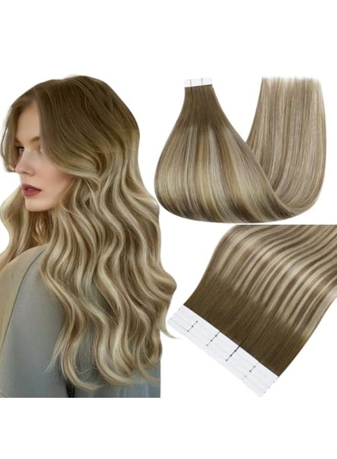 Full Shine Tape in Hair Extensions Human Hair 20 Inch Ombre Color 3 Fading to 6 Brown and 22 Blonde Balayage Straight Remy Human Hair Tape in Extensions 20 Pieces Soft and Silky 50 Grams Add Length