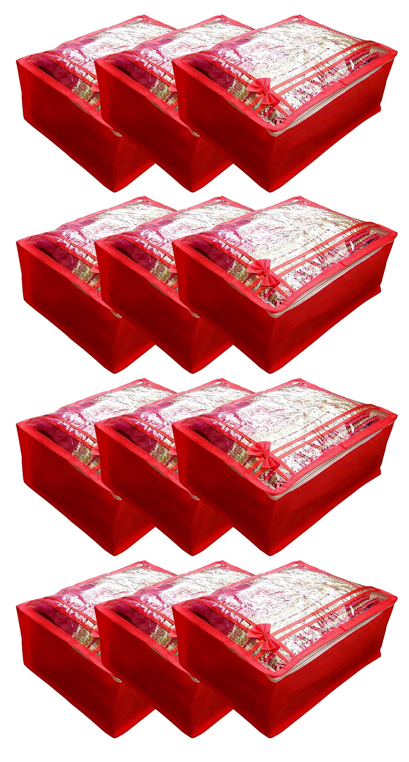 S4S Non Woven Saree Cover Bag, Cloth Cover Set of 12 for Storage with Transparent Top and Zip (RED)