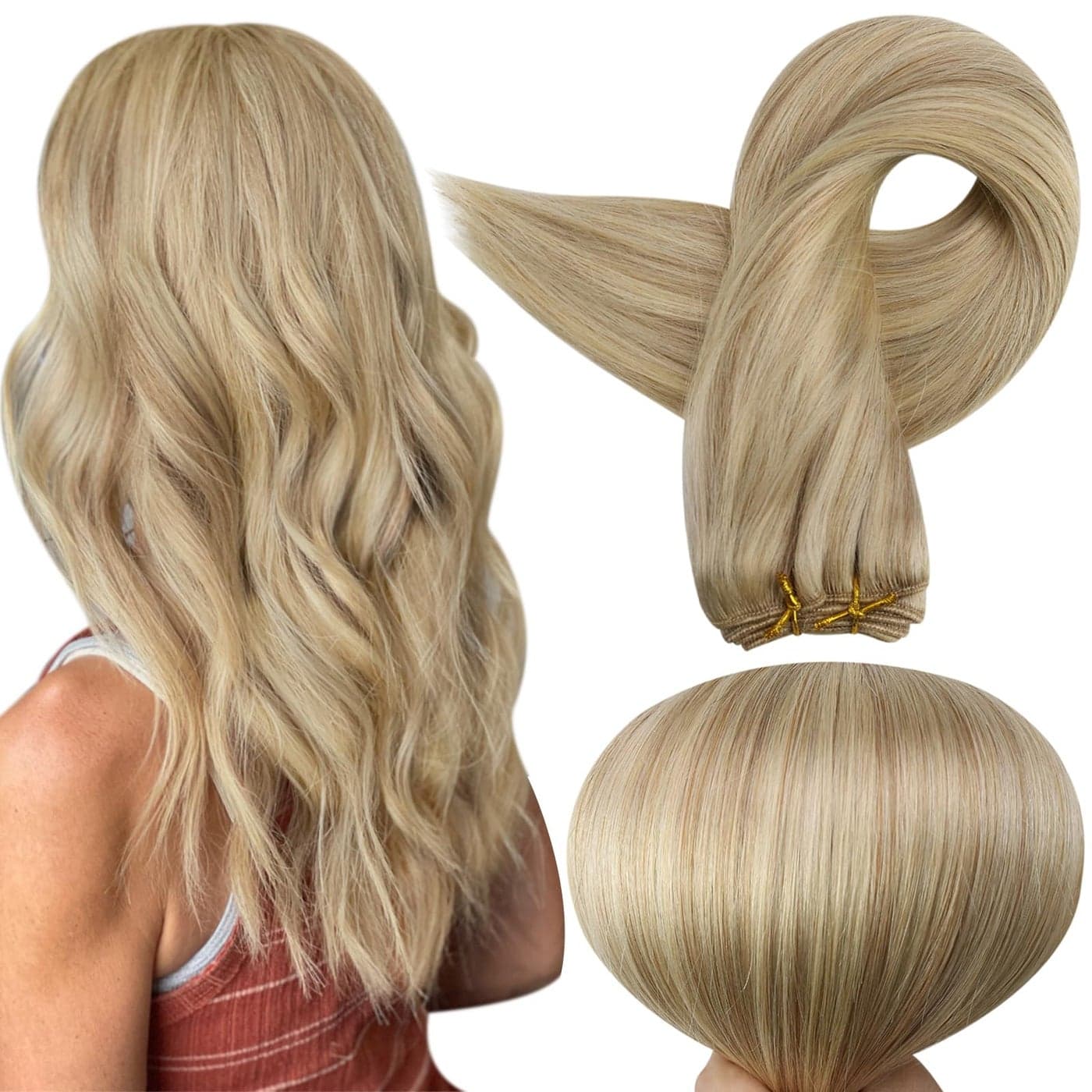 Full Shine 18 inch Balayage Sew in Human Hair Extensions Remy Hair Weft Full Head Double Wefted Color 27 Honey Blonde And 613 Blonde Hair Weft Remy Hair 100g