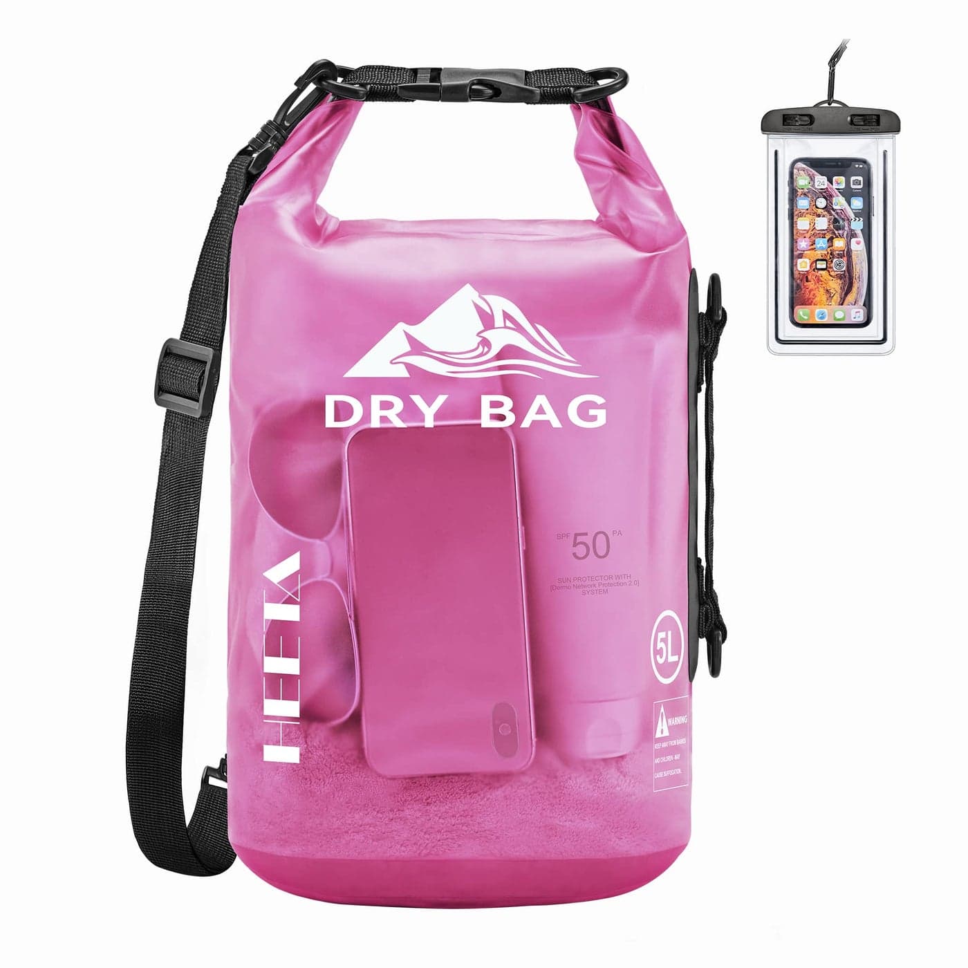 HEETA Dry Bag Waterproof for Women Men, Roll Top Lightweight Dry Storage Bag Backpack with Phone Case for Travel, Swimming, Boating, Kayaking, Camping and Beach (Transparent Rose Red, 5L)