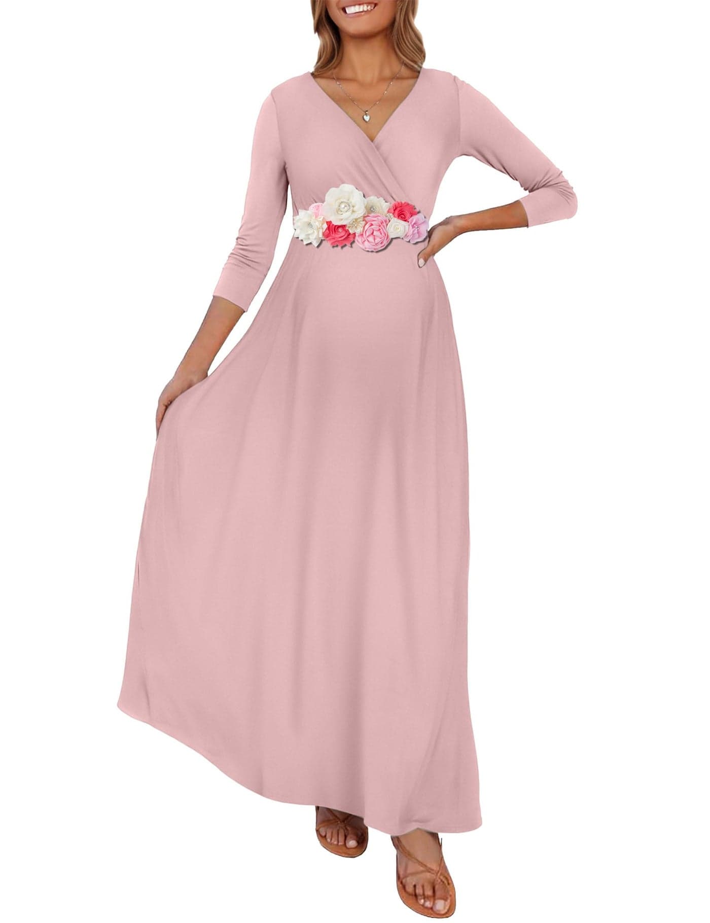 KIM S Maternity Dress Winter Dress for Baby Shower Photoshoot Christmas Pregnancy Clothes Wrap Maxi Outfits 2025 (Dusty Pink M)