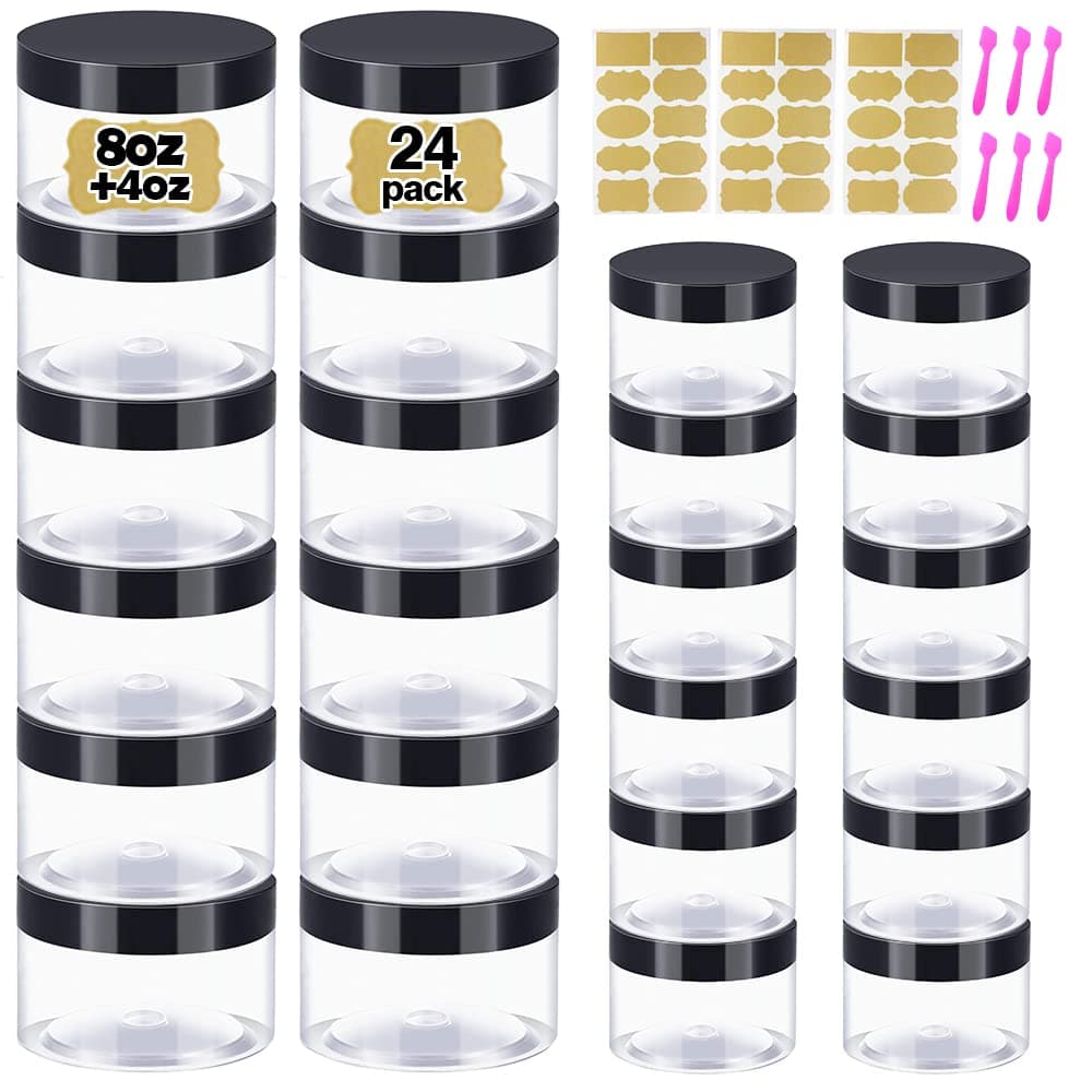8 oz Plastic Containers With Lids 4oz Small Containers Set of 24 Plastic Jars for Lip Scrub Body Butters Cream Slime Craft Storage