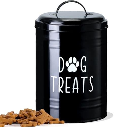 NIXBYO Dog Treat Container Airtight, Dog Treat Jar with Lid - 9x5.5'' Metal Dog Cookie Jar for Farmhouse Kitchen Counter, Black Pet Treat Container, Dog Treat Storage Container for Dogs, Cats