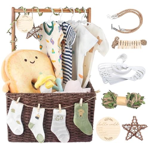 Wisreach Wooden Baby Shower Crate Closet, Baby Storage Crate with Handle, Foldable Handwoven Storage Basket for Gifts, Welcome Gift Basket for Newborn Boys Girls, Pregnancy Gifts for New Parents