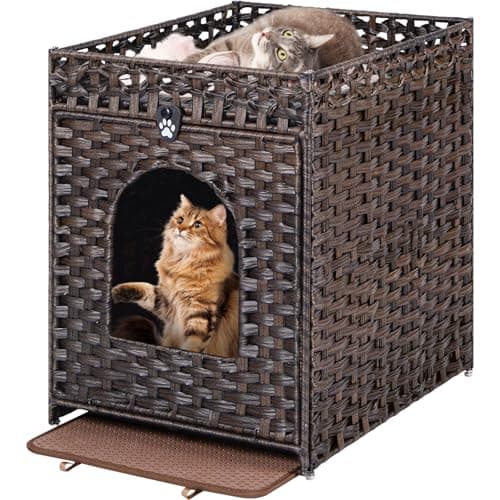 Snughome Cat Litter Box Enclosure Furniture Hidden with Litter Mat, Hidden Cat Washroom Furniture with Door, Handwoven Rattan Cat Washroom Box, Indoor Pet House for Living Room, Bedroom (Brown)