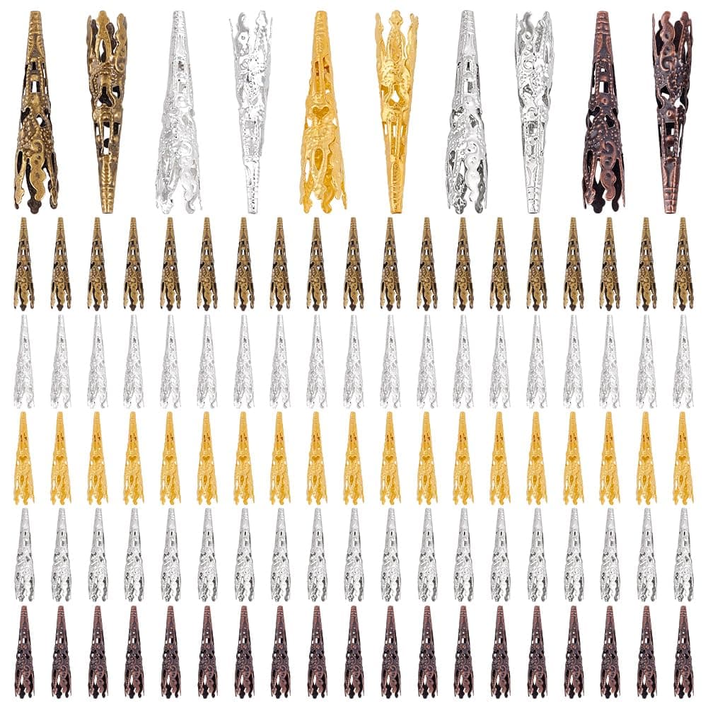 PH PandaHall 100 Pcs 5 Colors Long Flower Bead Caps 16 Inch Filigree Bead End Caps Spacers for Earring Pendant Neckalce Jewelry DIY Craft Goddess Beads for Hair Braid Hair Jewelry for Women