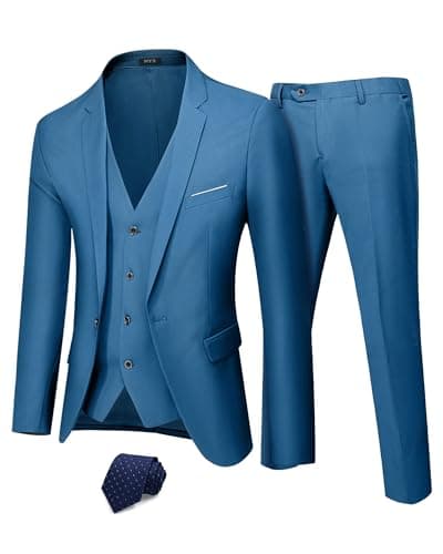 MY'S Men's 3 Piece Suit Set with Tie, One Button Slim Fit Jacket Vest & Pants, Party Wedding Prom Blazer Waistcoat & Trousers, Light Blue X-Small