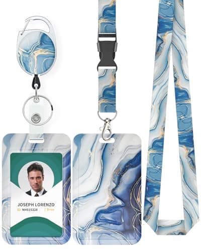 Uniclife Marbling Sliding Badge Holder Blue Marble Pattern Plastic Card Holder with Retractable Badge Reel Carabiner Detachable Lanyard Vertical Card Protector for Office Worker Nurse Teacher Student