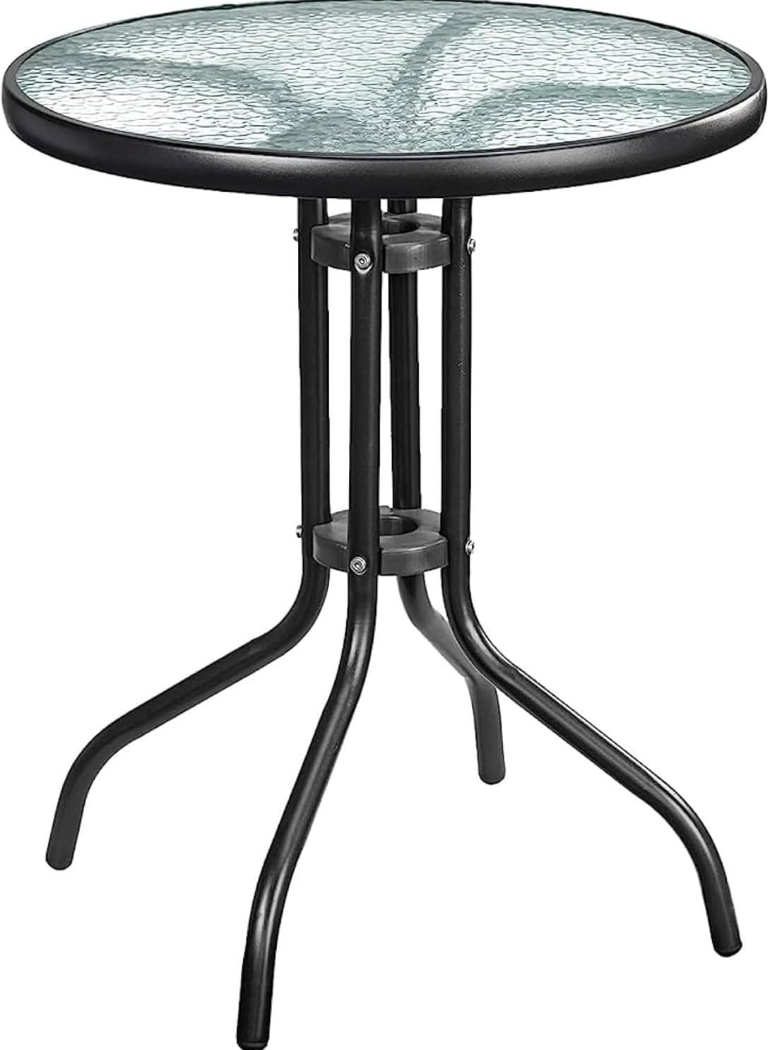 Patio Bistro Round Metal Glass Table,Dining Table with Glass Table Top Metal Coffee Table for Lawn Garden Pool Steel Frame Commercial Party Table,Black