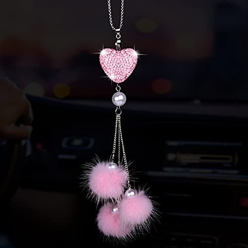 Wisdompro Bling Car Rear View Mirror Hanging Accessories for Women, Crystal Diamond Heart Rhinestones Hanging Charm for Rearview Mirror, Lucky Auto Interior Ornament Pendant Decor - Pink