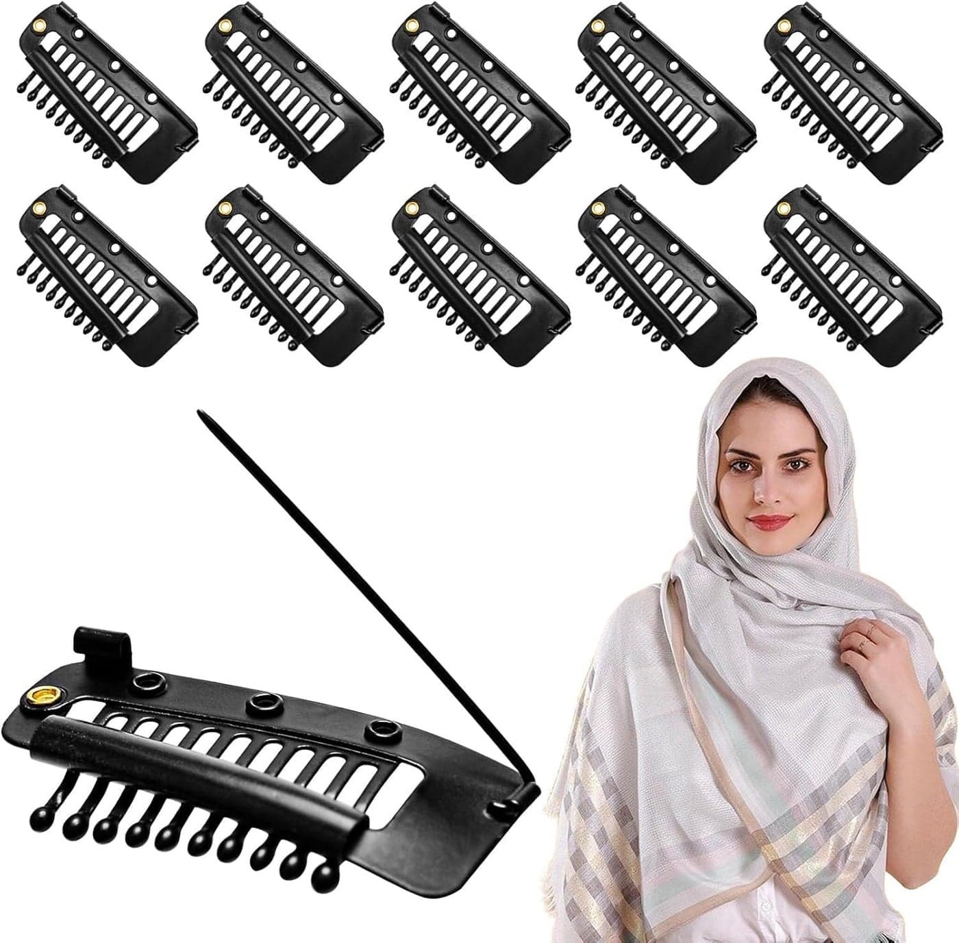 Pack of 6 Wig Clips with Safety Pins 10 Teeth Hair Extension Clips Invisible Strong No Sewing Chunni Grip Dupatta Clips for Girls Women Wigs Headscarf Hijab Tikka Black black