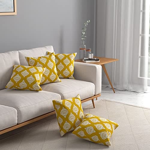Urban Space Decorative Cotton Cushion Cover Set of 5, 16 inch x 16 inch Cushion Covers for Sofa, Bedroom, Living Room (Motif Mustard, Cushion Cover 40cm x 40cm, Set of 5)