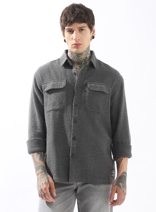 Men Spread Collar Cotton Textured Double Pocket Utility Casual Shirt