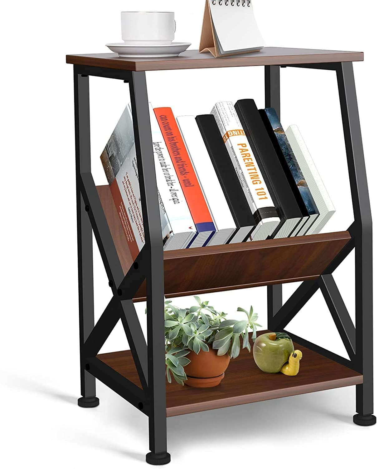INDIAN DECOR 46172 Side Table Nightstand End Table with with 3Tier Storage Shelf for Living Room Bedroom Balcony Office Industrial Easy Assembly Stable Steel Frame Brown