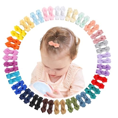 choicbaby 50pcs Baby Hair Bow Clips 14 Tiny Grosgrain Ribbon with Fully Lined Alligator Clips Small Toddler Bow Hair Accessories for Baby Girls Infant Toddler Kids