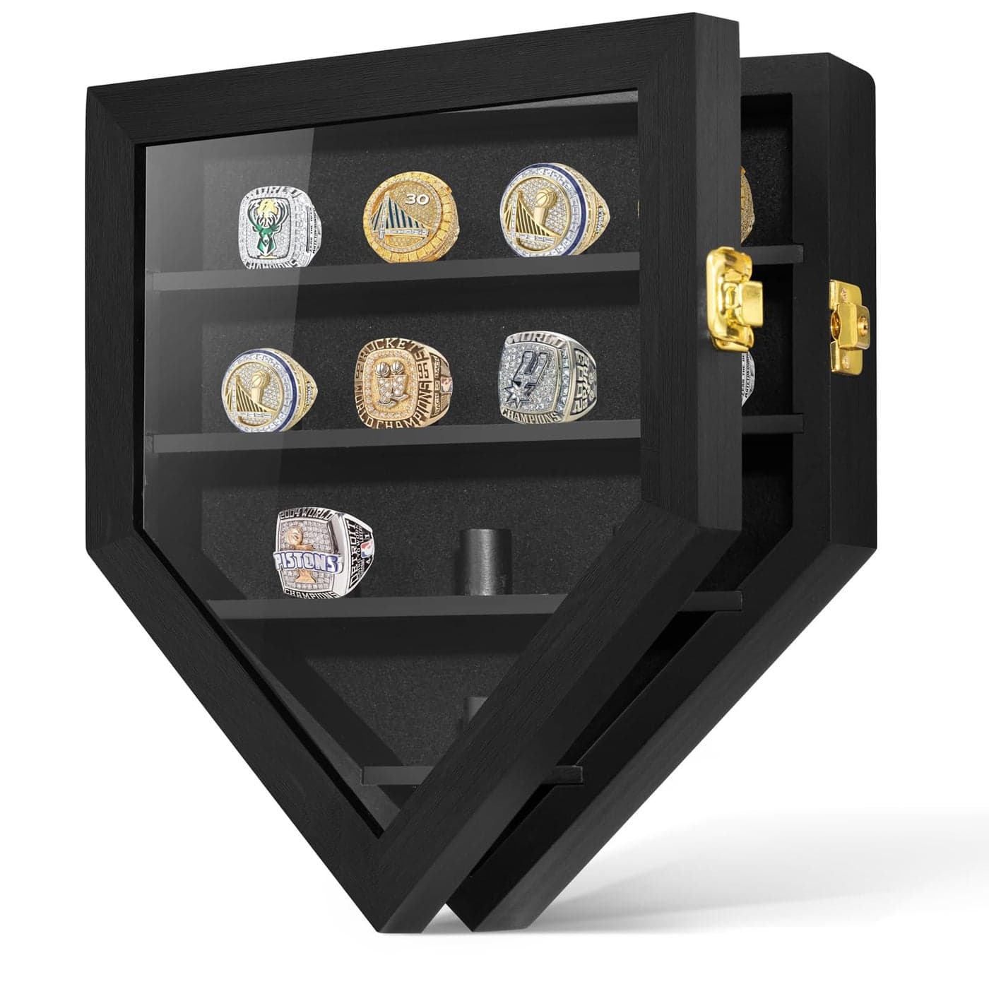 Kacorn Championship Ring Display Case 12 Ring Posts Sports Ring Display Case Wooden Shadow Box for Baseball Basketball Football Softball Award Rings Fan Souvenirs