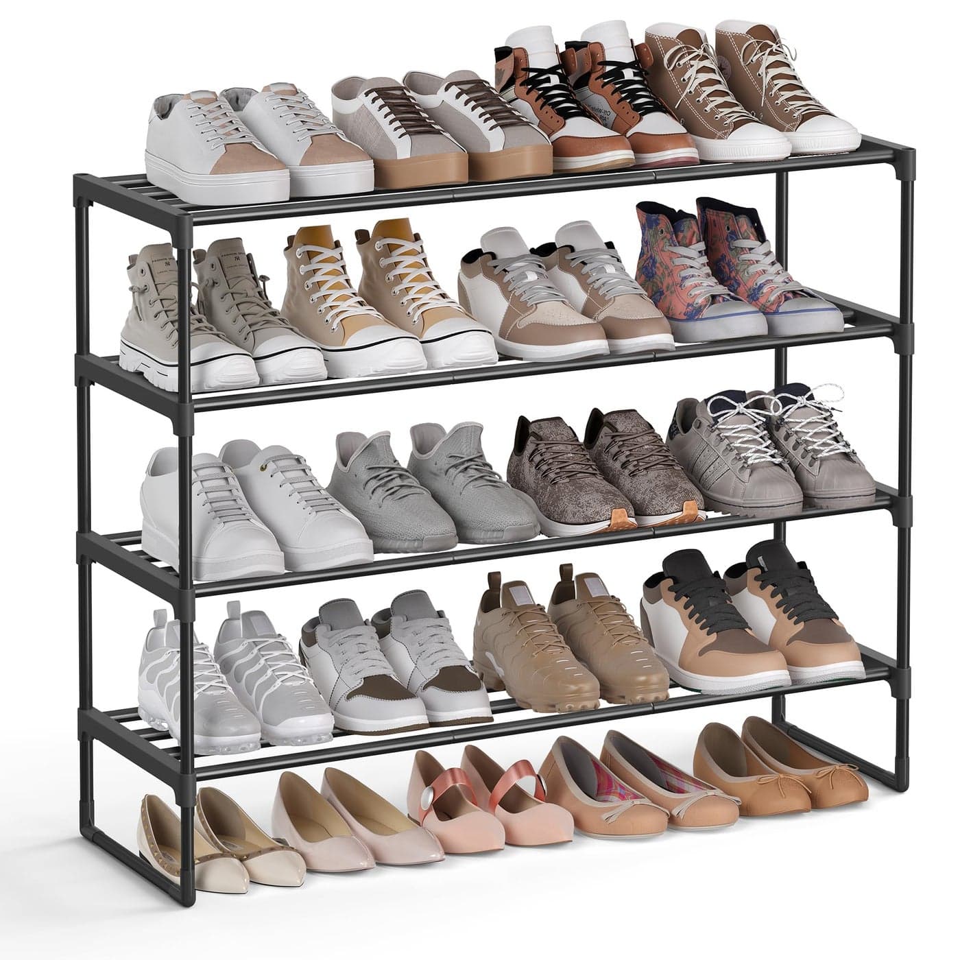 SONGMICS 4Tier Shoe Rack Storage Organiser Metal Fits 16 to 20 Pairs of Shoes Stackable Shelf for Hallway Living Room Bedroom 30 x 92 x 74 cm Black LSA14BKV2