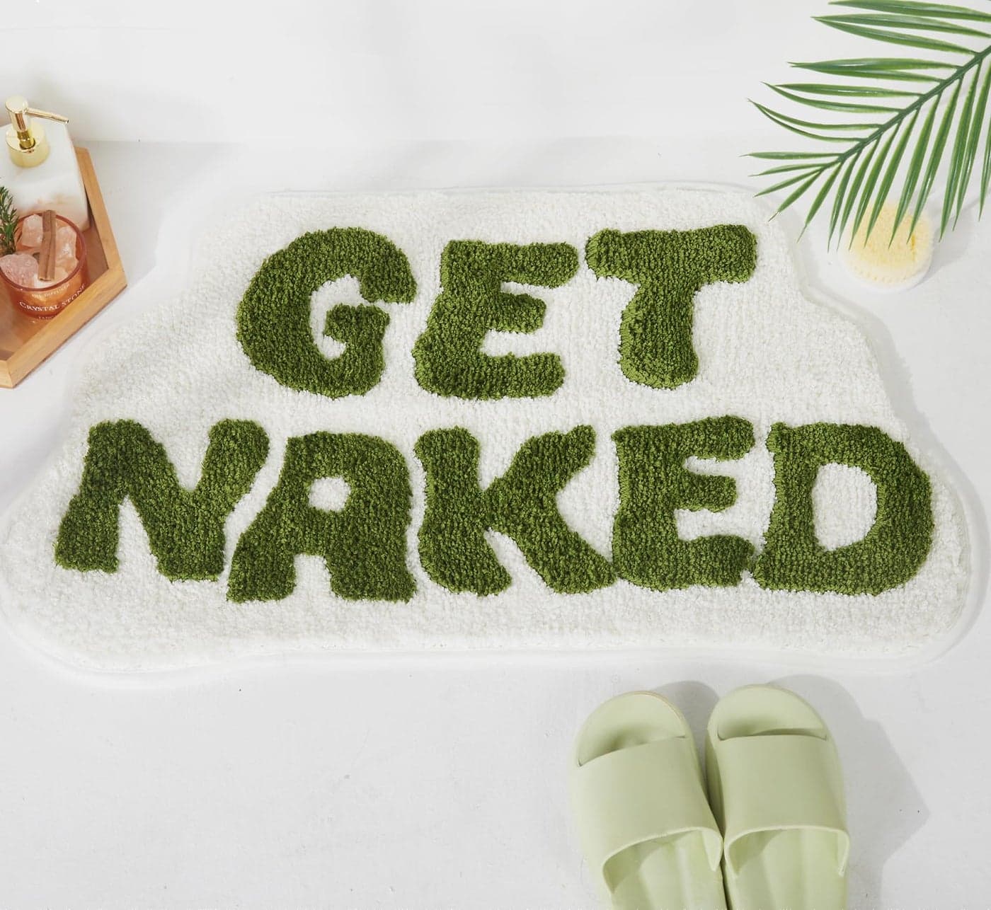 DyeFury Irregular Get Naked Bath Mat Green - Funny Bathroom Rugs, Small Cute Bathroom Decor, Non-Slip Sage Green Rugs 31" x 18"