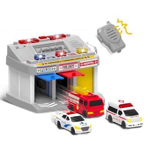 Rescue Station Kids Playset Kids Toys for 3 4 5 6 Years Old Boys3Bay Parking Garage Toy Set Fire TruckAmbulancePolice Car Emergency Vehicle Toys with Sound and Flashing Light for Toddler