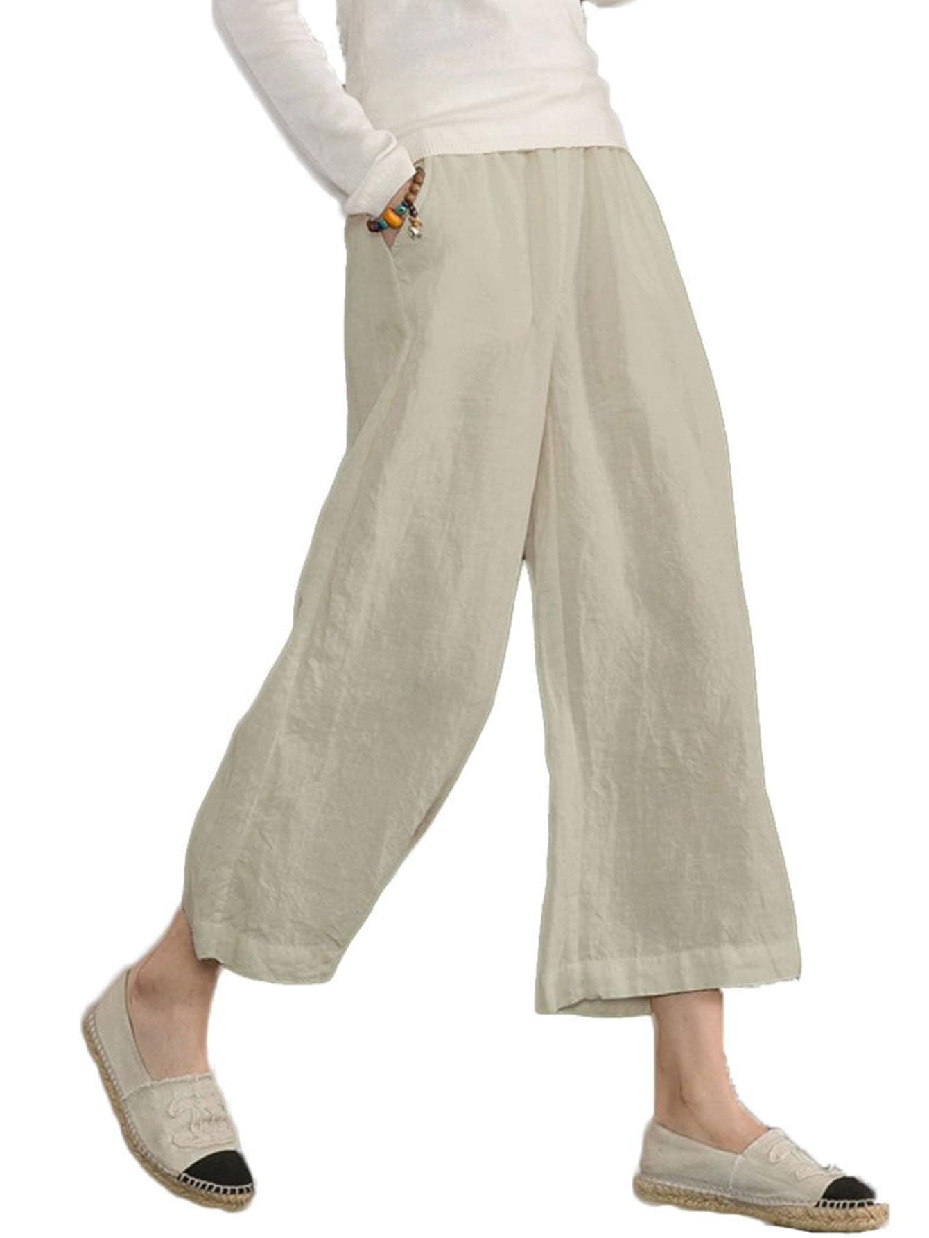 ECUPPER Womens Casual Loose Elastic Waist Cotton Trouser Cropped Wide Leg Pants Natural 12-14