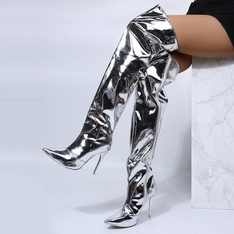 Autumn 2021 New Silver Over-The-Knee Boots Style Stiletto Heels Size 43