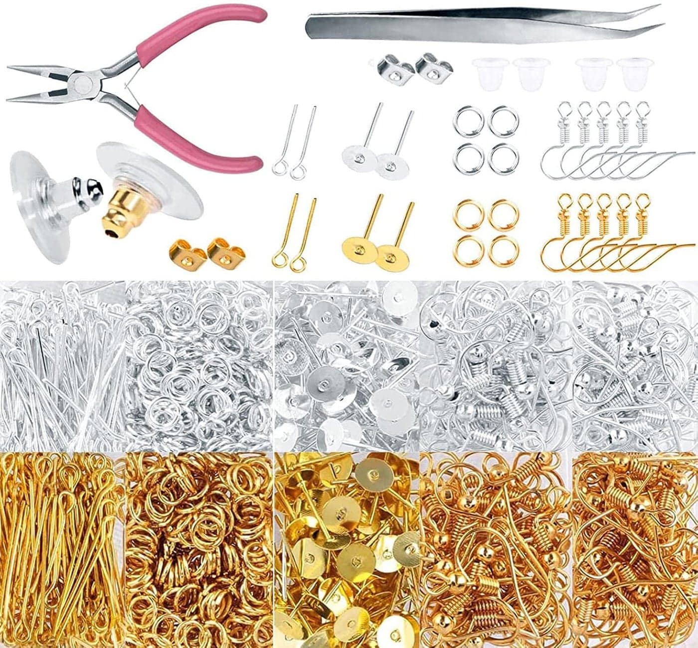 DIY Crafts 600 Gram, Antique Silver, Earring Making Kit Supplies Earring Hooks, Earring Post, Earring Backs, Jump Rings, Eye Pin Jewelry Pliers Tool for Earring K(600 Gram, Antique Silver)